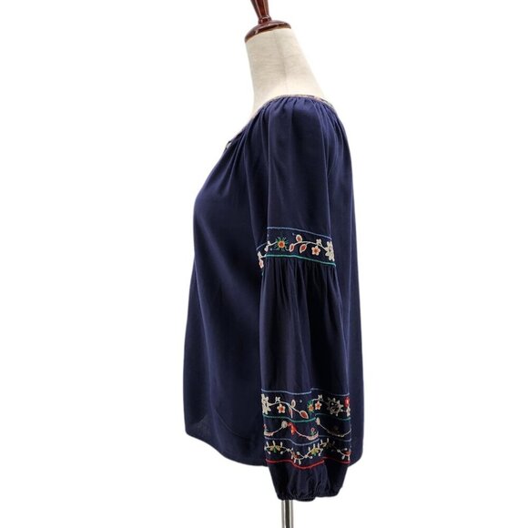 Velvet by Graham & Spencer Embroidered Floral Navy Blue Peasant Top Womens XS - Picture 4 of 9